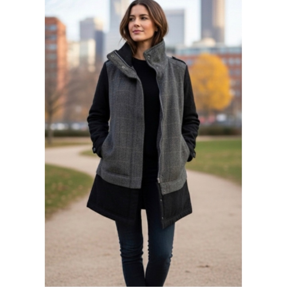Prana NWT Caprice Convertible Wool Blend High Collar Jacket Herringbone Medium